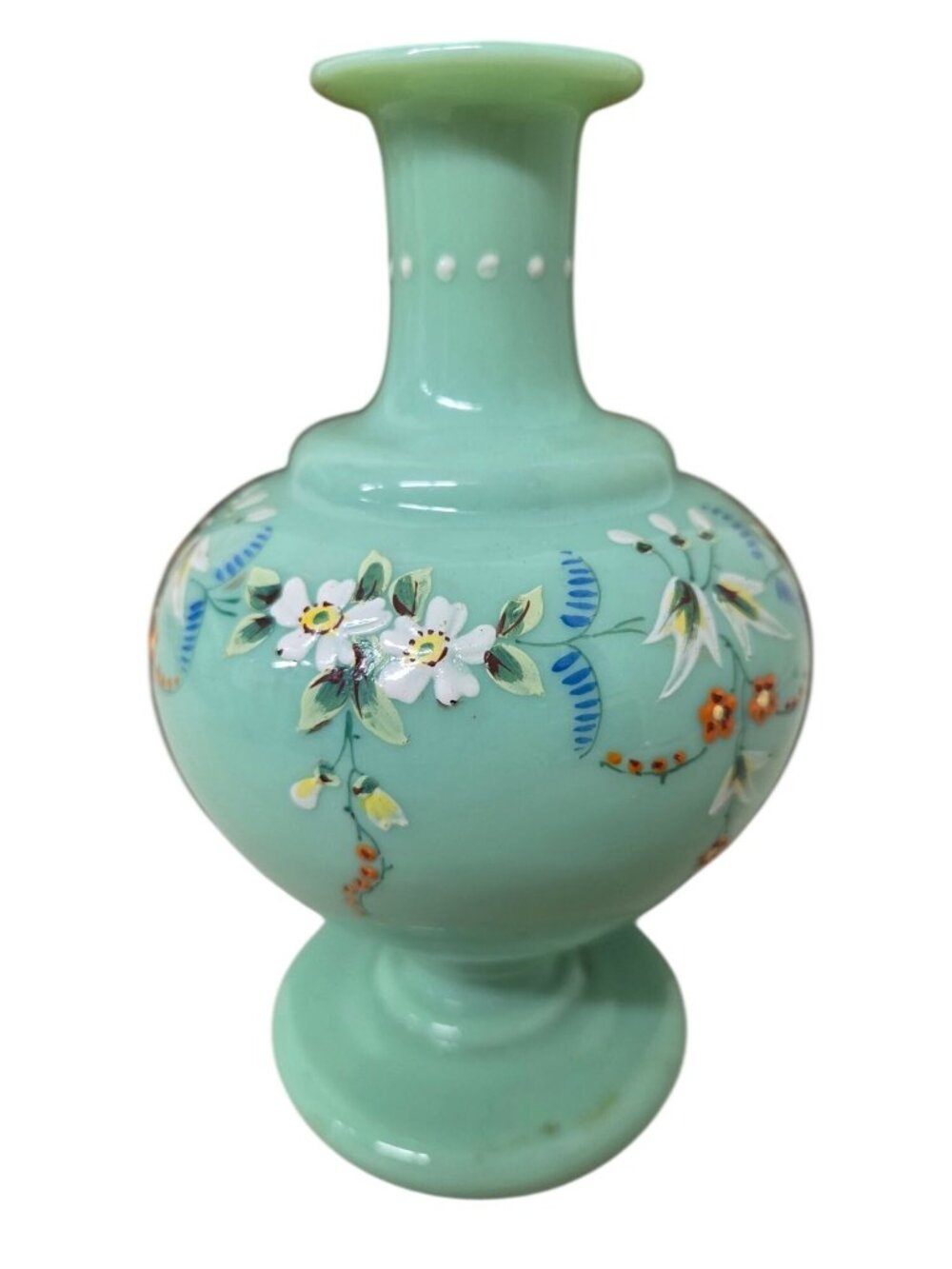 Antique Bohemian 6" Blown Glass Hand-Painted Vase Floral Design Green